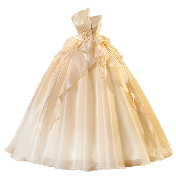 Mode Champagner Perlenstickerei Fallende Rüsche Ballkleider 2023 Ballkleid Organza Bandeau Ärmellos Rückenfreies Lange Ball Festliche Kleider