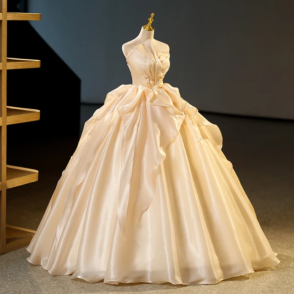 Mode Champagner Perlenstickerei Fallende Rüsche Ballkleider 2023 Ballkleid Organza Bandeau Ärmellos Rückenfreies Lange Ball Festliche Kleider