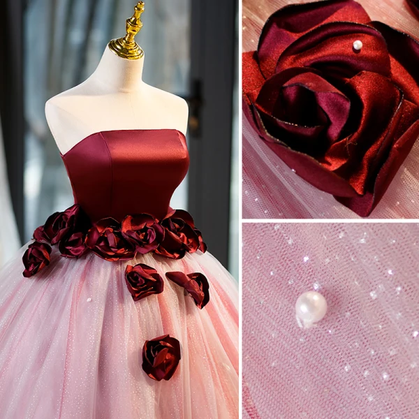 Chic / Beautiful Burgundy Appliques Prom Dresses 2023 Ball Gown Strapless Sleeveless Backless Floor-Length / Long Prom Formal Dresses