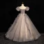 Elegant Champagne Beading Sequins Prom Dresses 2024 Ball Gown Square Neckline Puffy Short Sleeve Backless Floor-Length / Long Prom Formal Dresses