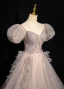Elegant Champagne Beading Sequins Prom Dresses 2024 Ball Gown Square Neckline Puffy Short Sleeve Backless Floor-Length / Long Prom Formal Dresses