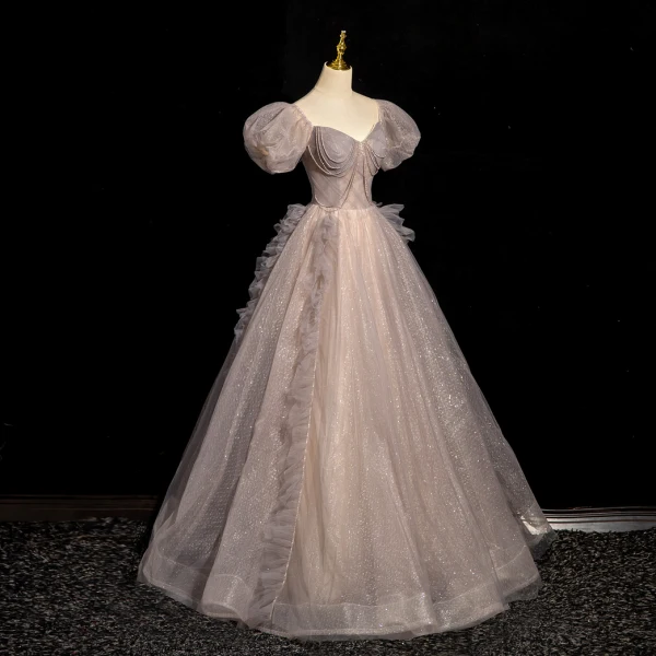 Elegant Champagne Beading Sequins Prom Dresses 2024 Ball Gown Square Neckline Puffy Short Sleeve Backless Floor-Length / Long Prom Formal Dresses