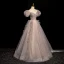 Elegant Champagne Beading Sequins Prom Dresses 2024 Ball Gown Square Neckline Puffy Short Sleeve Backless Floor-Length / Long Prom Formal Dresses