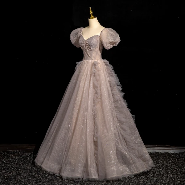 Elegant Champagne Beading Sequins Prom Dresses 2024 Ball Gown Square Neckline Puffy Short Sleeve Backless Floor-Length / Long Prom Formal Dresses