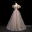 Elegant Champagne Beading Sequins Prom Dresses 2024 Ball Gown Square Neckline Puffy Short Sleeve Backless Floor-Length / Long Prom Formal Dresses