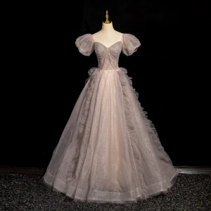 Élégant Champagne Perlage Paillettes Robe De Bal 2024 Robe Boule Encolure Carrée Gonflée Manches Courtes Dos Nu Longue Promo Robe De Ceremonie