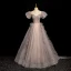 Elegant Champagne Beading Sequins Prom Dresses 2024 Ball Gown Square Neckline Puffy Short Sleeve Backless Floor-Length / Long Prom Formal Dresses
