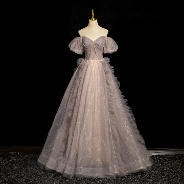 Elegant Champagne Beading Sequins Prom Dresses 2024 Ball Gown Square Neckline Puffy Short Sleeve Backless Floor-Length / Long Prom Formal Dresses
