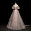 Elegant Champagne Beading Sequins Prom Dresses 2024 Ball Gown Square Neckline Puffy Short Sleeve Backless Floor-Length / Long Prom Formal Dresses