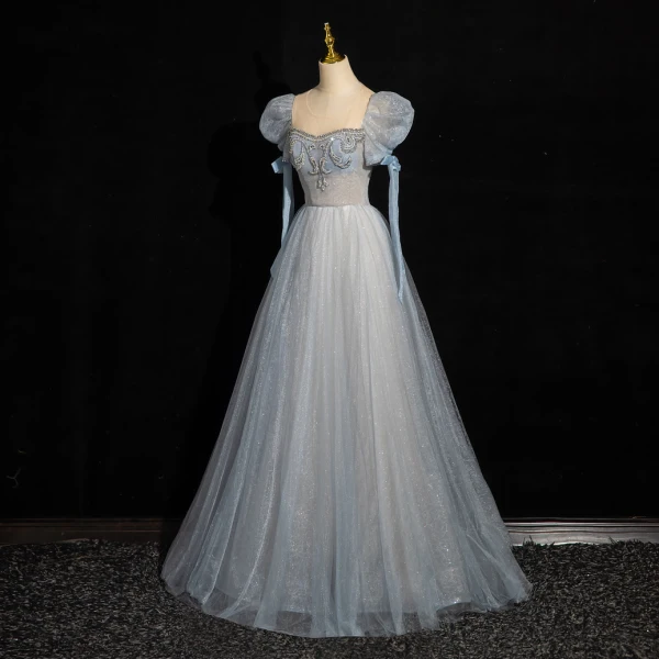 Chic / Beautiful Sky Blue Beading Sequins Prom Dresses 2024 A-Line / Princess Scoop Neck Puffy Short Sleeve Backless Floor-Length / Long Prom Formal Dresses