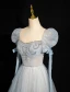 Chic / Beautiful Sky Blue Beading Sequins Prom Dresses 2024 A-Line / Princess Scoop Neck Puffy Short Sleeve Backless Floor-Length / Long Prom Formal Dresses