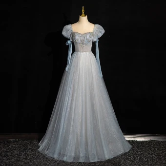 Chic Belle Bleu Ciel Perlage Paillettes Robe De Bal 2024 Princesse Encolure Dégagée Gonflée Manches Courtes Dos Nu Longue Promo Robe De Ceremonie