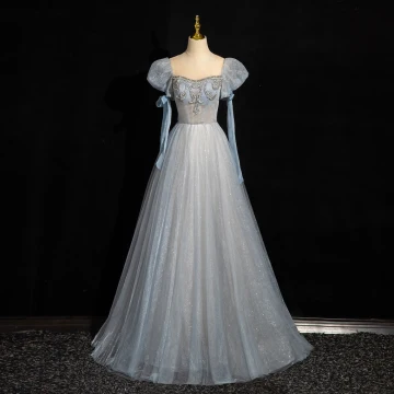 Chic Beautiful Sky Blue Beading Sequins Prom Dresses 2024 A Line Princess Scoop Neck Puffy Short Sleeve Backless Floor Length Long Prom Formal Dresses