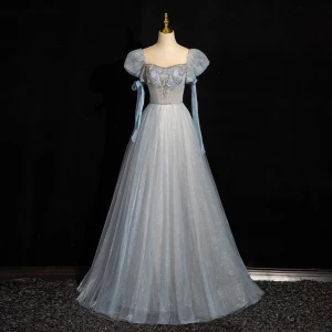 Hermoso Azul Cielo Rebordear Lentejuelas Vestidos De Gala 2024 A Line Princess Scoop Escote Hinchado Manga Corta Sin Espalda Largos Gala Vestidos Formales