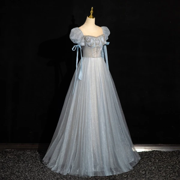 Chic / Beautiful Sky Blue Beading Sequins Prom Dresses 2024 A-Line / Princess Scoop Neck Puffy Short Sleeve Backless Floor-Length / Long Prom Formal Dresses