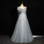Chic / Beautiful Sky Blue Beading Sequins Prom Dresses 2024 A-Line / Princess Scoop Neck Puffy Short Sleeve Backless Floor-Length / Long Prom Formal Dresses