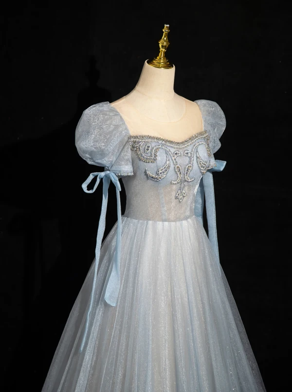 Chic / Beautiful Sky Blue Beading Sequins Prom Dresses 2024 A-Line / Princess Scoop Neck Puffy Short Sleeve Backless Floor-Length / Long Prom Formal Dresses