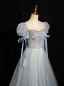 Chic / Beautiful Sky Blue Beading Sequins Prom Dresses 2024 A-Line / Princess Scoop Neck Puffy Short Sleeve Backless Floor-Length / Long Prom Formal Dresses