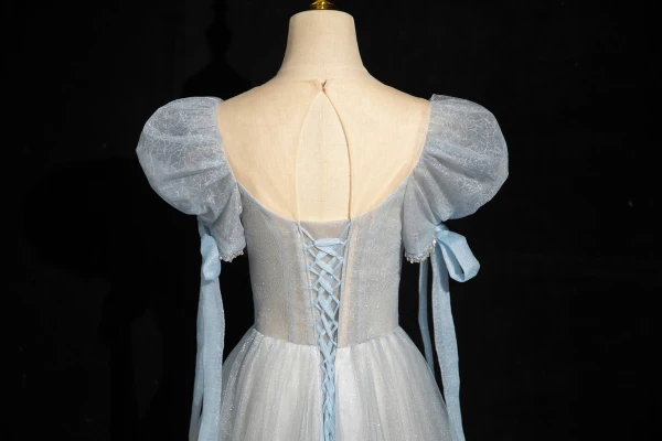 Chic / Beautiful Sky Blue Beading Sequins Prom Dresses 2024 A-Line / Princess Scoop Neck Puffy Short Sleeve Backless Floor-Length / Long Prom Formal Dresses