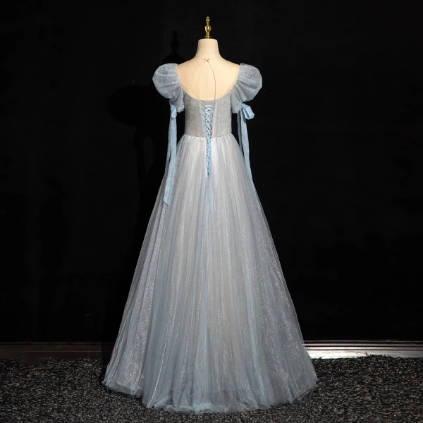 Chic / Beautiful Sky Blue Beading Sequins Prom Dresses 2024 A-Line / Princess Scoop Neck Puffy Short Sleeve Backless Floor-Length / Long Prom Formal Dresses