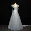 Chic / Beautiful Sky Blue Beading Sequins Prom Dresses 2024 A-Line / Princess Scoop Neck Puffy Short Sleeve Backless Floor-Length / Long Prom Formal Dresses