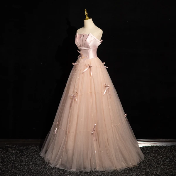 Fashion Blushing Pink Bow Prom Dresses 2024 Ball Gown Strapless Sleeveless Backless Floor-Length / Long Prom Formal Dresses