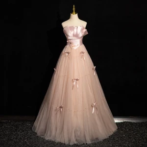 Fashion Blushing Pink Bow Prom Dresses 2024 Ball Gown Strapless Sleeveless Backless Floor Length Long Prom Formal Dresses