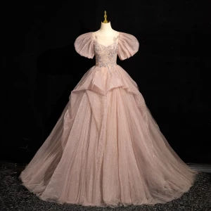 Chic Beautiful Blushing Pink Beading Cascading Ruffles Prom Dresses 2024 Ball Gown Scoop Neck Puffy Short Sleeve Backless Court Train Prom Formal Dresses