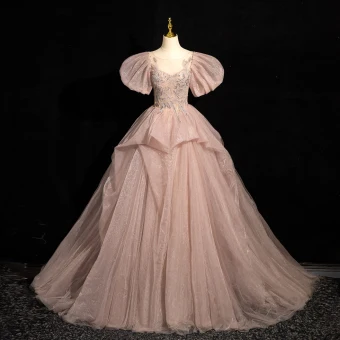 Chic Belle Rougissant Rose Perlage Volants En Cascade Robe De Bal 2024 Robe Boule Encolure Dégagée Gonflée Manches Courtes Dos Nu Tribunal Train Promo Robe De Ceremonie