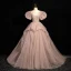 Schöne Rosa Perlenstickerei Fallende Rüsche Ballkleider 2024 Ballkleid Rundhalsausschnitt Geschwollenes Kurze Ärmel Rückenfreies Hof-Schleppe Ball Festliche Kleider