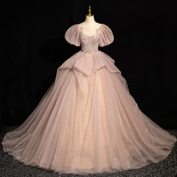 Schöne Rosa Perlenstickerei Fallende Rüsche Ballkleider 2024 Ballkleid Rundhalsausschnitt Geschwollenes Kurze Ärmel Rückenfreies Hof-Schleppe Ball Festliche Kleider