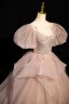 Schöne Rosa Perlenstickerei Fallende Rüsche Ballkleider 2024 Ballkleid Rundhalsausschnitt Geschwollenes Kurze Ärmel Rückenfreies Hof-Schleppe Ball Festliche Kleider