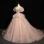 Schöne Rosa Perlenstickerei Fallende Rüsche Ballkleider 2024 Ballkleid Rundhalsausschnitt Geschwollenes Kurze Ärmel Rückenfreies Hof-Schleppe Ball Festliche Kleider