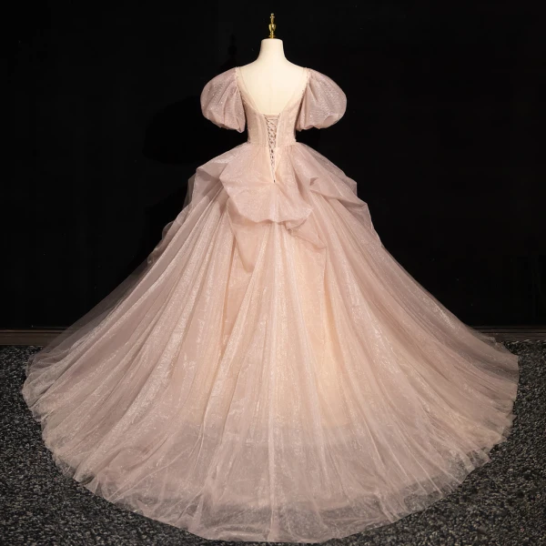 Schöne Rosa Perlenstickerei Fallende Rüsche Ballkleider 2024 Ballkleid Rundhalsausschnitt Geschwollenes Kurze Ärmel Rückenfreies Hof-Schleppe Ball Festliche Kleider