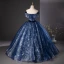 Elegant Navy Blue Glitter Printing Prom Dresses 2024 Ball Gown Off-The-Shoulder Short Sleeve Backless Floor-Length / Long Prom Formal Dresses