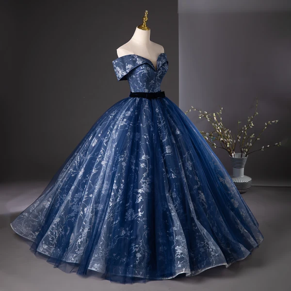 Elegant Navy Blue Glitter Printing Prom Dresses 2024 Ball Gown Off-The-Shoulder Short
