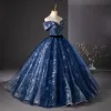 Eleganckie Granatowe Cekinami Druk Sukienki Na Bal 2024 Suknia Balowa Przy Ramieniu Kótkie Rękawy Bez Pleców Długie Bal Sukienki Wizytowe