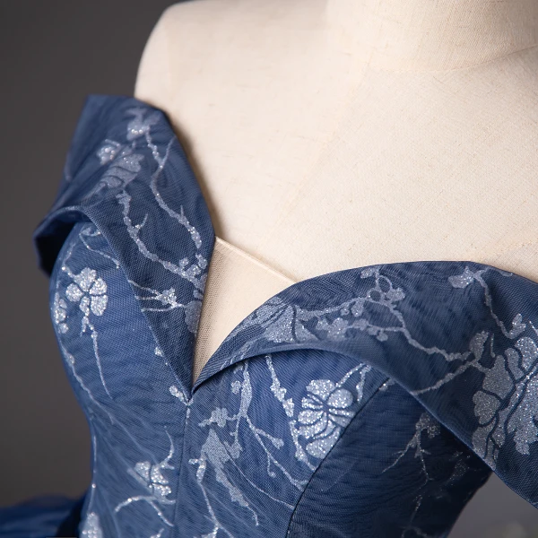 Elegant Navy Blue Glitter Printing Prom Dresses 2024 Ball Gown Off-The-Shoulder Short Sleeve Backless Floor-Length / Long Prom Formal Dresses