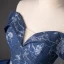 Elegant Navy Blue Glitter Printing Prom Dresses 2024 Ball Gown Off-The-Shoulder Short Sleeve Backless Floor-Length / Long Prom Formal Dresses