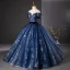Elegant Navy Blue Glitter Printing Prom Dresses 2024 Ball Gown Off-The-Shoulder Short Sleeve Backless Floor-Length / Long Prom Formal Dresses