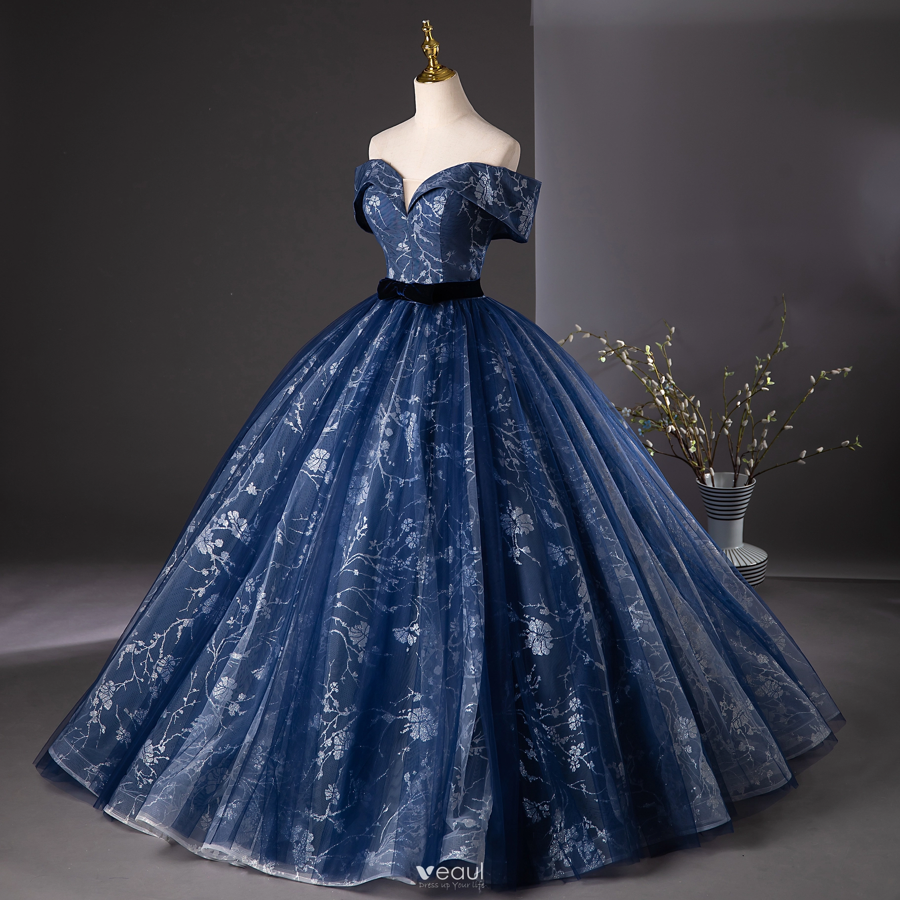 Elegant Navy Blue Glitter Printing Prom Dresses 2024 Ball Gown Off-The ...