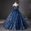 Elegant Navy Blue Glitter Printing Prom Dresses 2024 Ball Gown Off-The-Shoulder Short Sleeve Backless Floor-Length / Long Prom Formal Dresses
