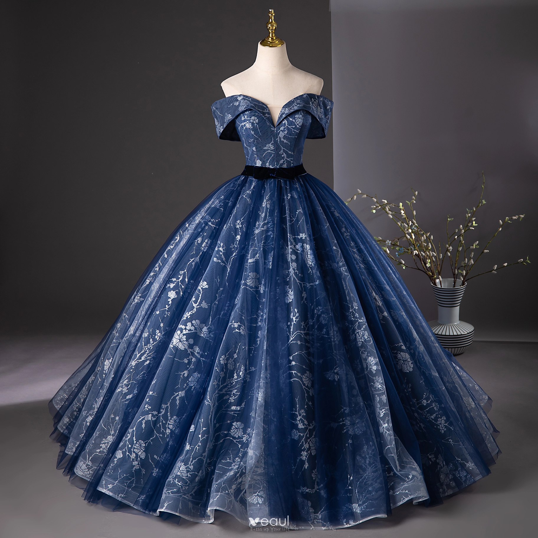 Elegant Navy Blue Glitter Printing Prom Dresses 2024 Ball Gown  Off-The-Shoulder Short Sleeve Backless Floor-Length / Long Prom Formal  Dresses