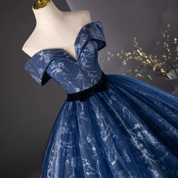 Elegant Navy Blue Glitter Printing Prom Dresses 2024 Ball Gown Off-The-Shoulder Short Sleeve Backless Elegant Navy Blue Glitter Printing Prom Dresses 2024 Ball Gown Off-The-Shoulder Short Sleeve Backless