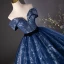 Elegant Navy Blue Glitter Printing Prom Dresses 2024 Ball Gown Off-The-Shoulder Short Sleeve Backless Floor-Length / Long Prom Formal Dresses