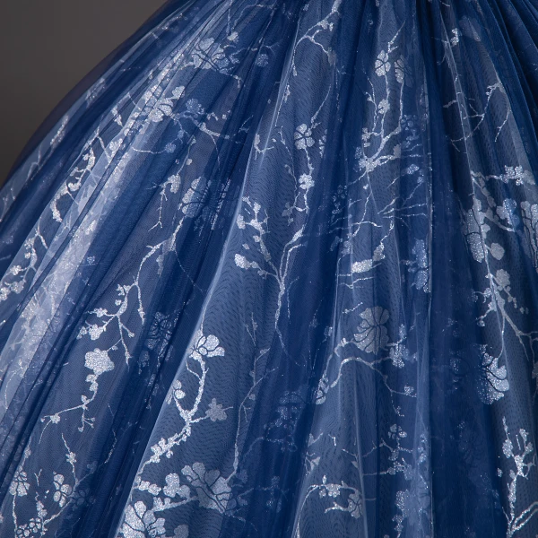 Elegant Navy Blue Glitter Printing Prom Dresses 2024 Ball Gown Off-The-Shoulder Short Sleeve Backless Floor-Length / Long Prom Formal Dresses