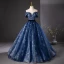 Elegant Navy Blue Glitter Printing Prom Dresses 2024 Ball Gown Off-The-Shoulder Short Sleeve Backless Floor-Length / Long Prom Formal Dresses