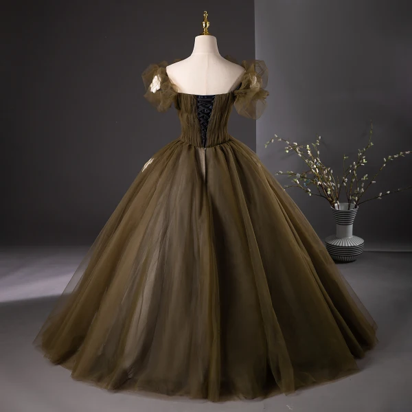 Elegant Dark Green Appliques Prom Dresses 2024 Ball Gown Ruffle Off-The-Shoulder Sleeveless Backless Floor-Length / Long Prom Formal Dresses
