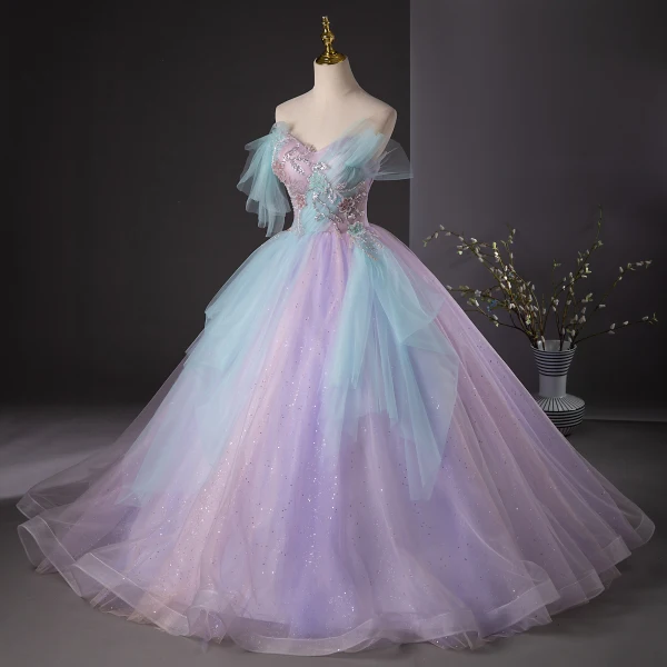Chic / Beautiful Lavender Beading Sequins Prom Dresses 2024 Ball Gown Strapless Sleeveless Backless Floor-Length / Long Prom Formal Dresses