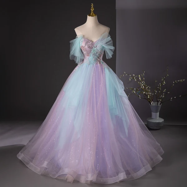 Chic / Beautiful Lavender Beading Sequins Prom Dresses 2024 Ball Gown Strapless Sleeveless Backless Floor-Length / Long Prom Formal Dresses